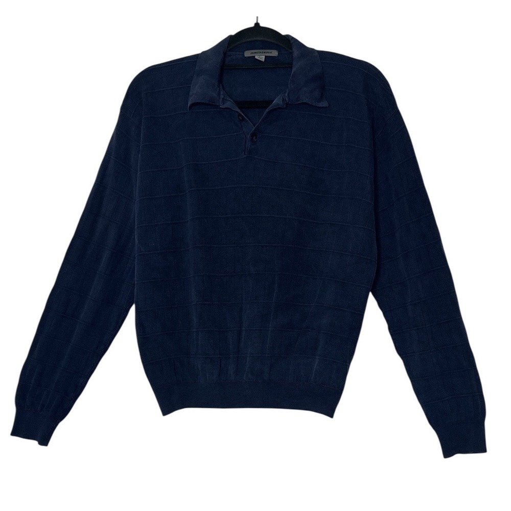Johnston & Murphy 100% Silk Polo Sweater Men's Large Long Sleeve‎ navy Stretch